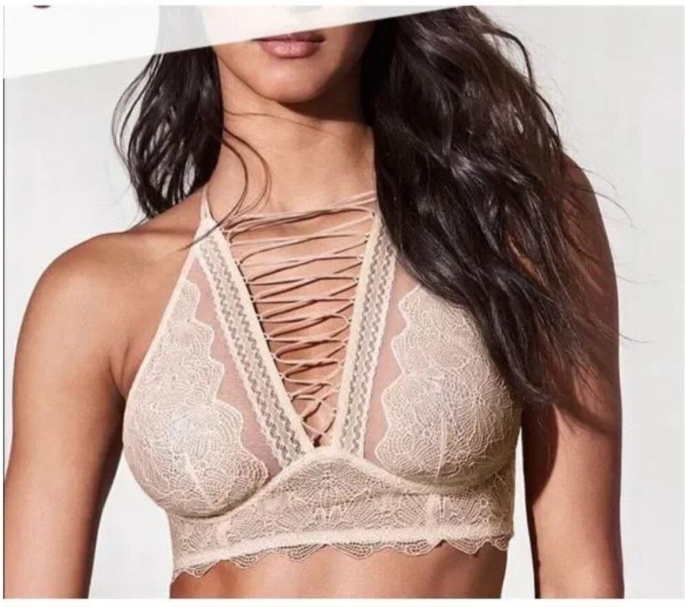 Victoria’s Secret Very Sexy High Neck Unlined Lace Bralette Bra Pink Sz XS